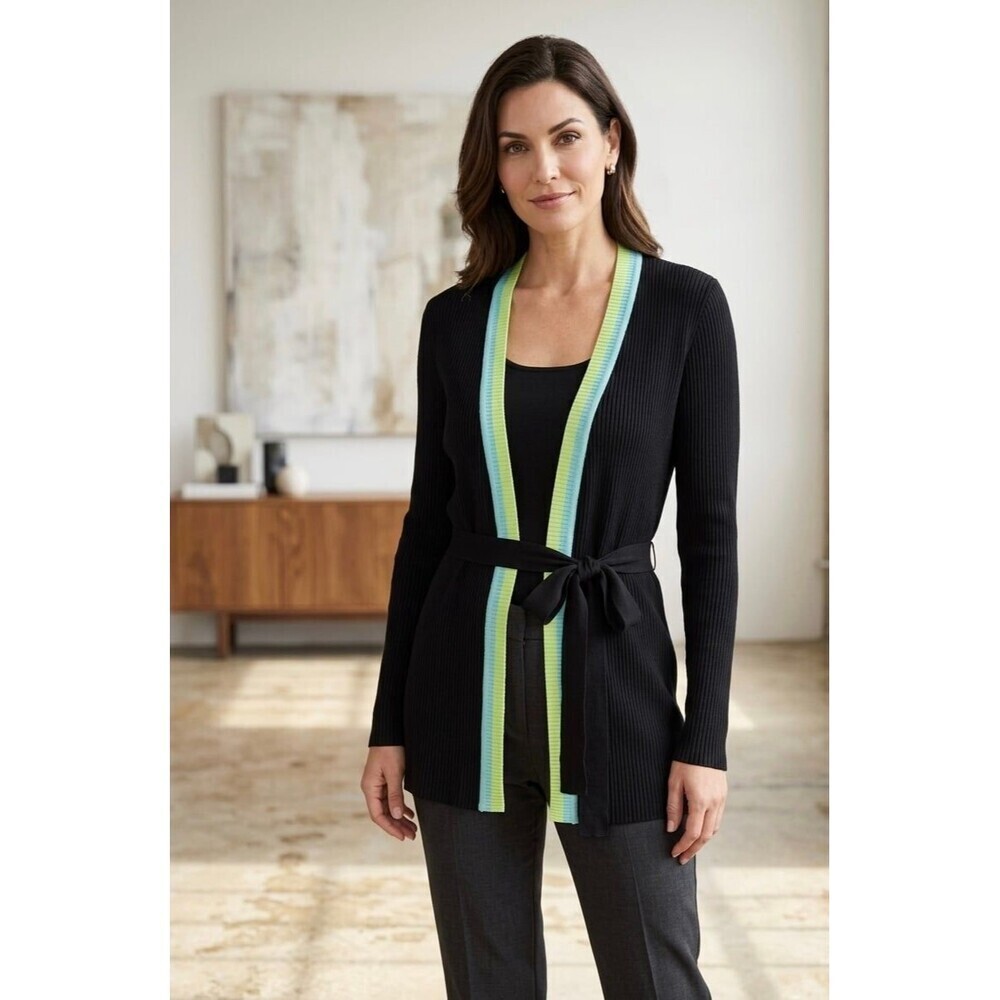 Misook Ribbed Knit Belted Cardigan Lime Aqua Trim Mod Avant Basic Chic M - Picture 2 of 9